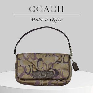 Coach Khaki Lilac Signature Canvas Wristlet Clutch Bag Leather Trim Snap Closure